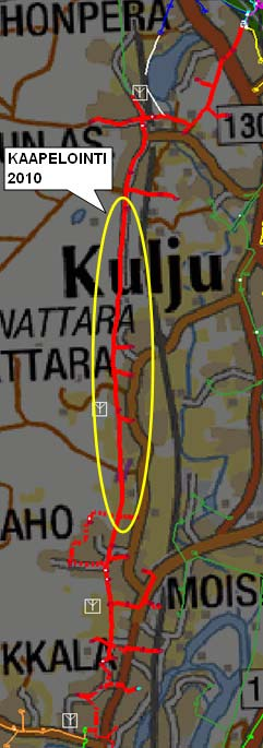 Linjan puolivälistä syötetään haaralla Kukonkorven teollisuutta ja omakotialuetta.