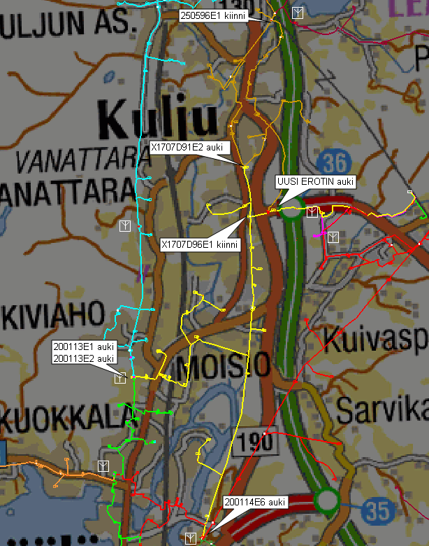 68 (85) Kuvio 37. Tehojen siirto Marjamäen Kulju lähtöön. Kuvio 37 esittää Moision alueen uuden kytkentätilanteen. Huomioitavaa on, että kappaleessa 7.2.