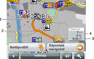 1 Kohde on merkitty pienellä lipulla. Kun annat näyttää suunniteltu tai ladattu reitti, aloituspiste ja jokainen reittipiste on merkitty pienellä lipulla. 2 Reitti on korostettu oranssiksi.