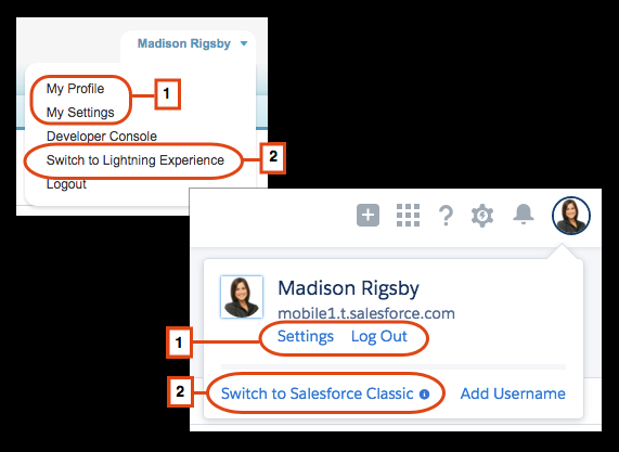 Profiilin ja henkilökohtaisten asetustesi löytäminen Lightning Experiencessa Toimintojen ja painikkeiden löytäminen Lightning Experiencessa Salesforce Classic näyttää toimintoja Chatter-julkaisijassa