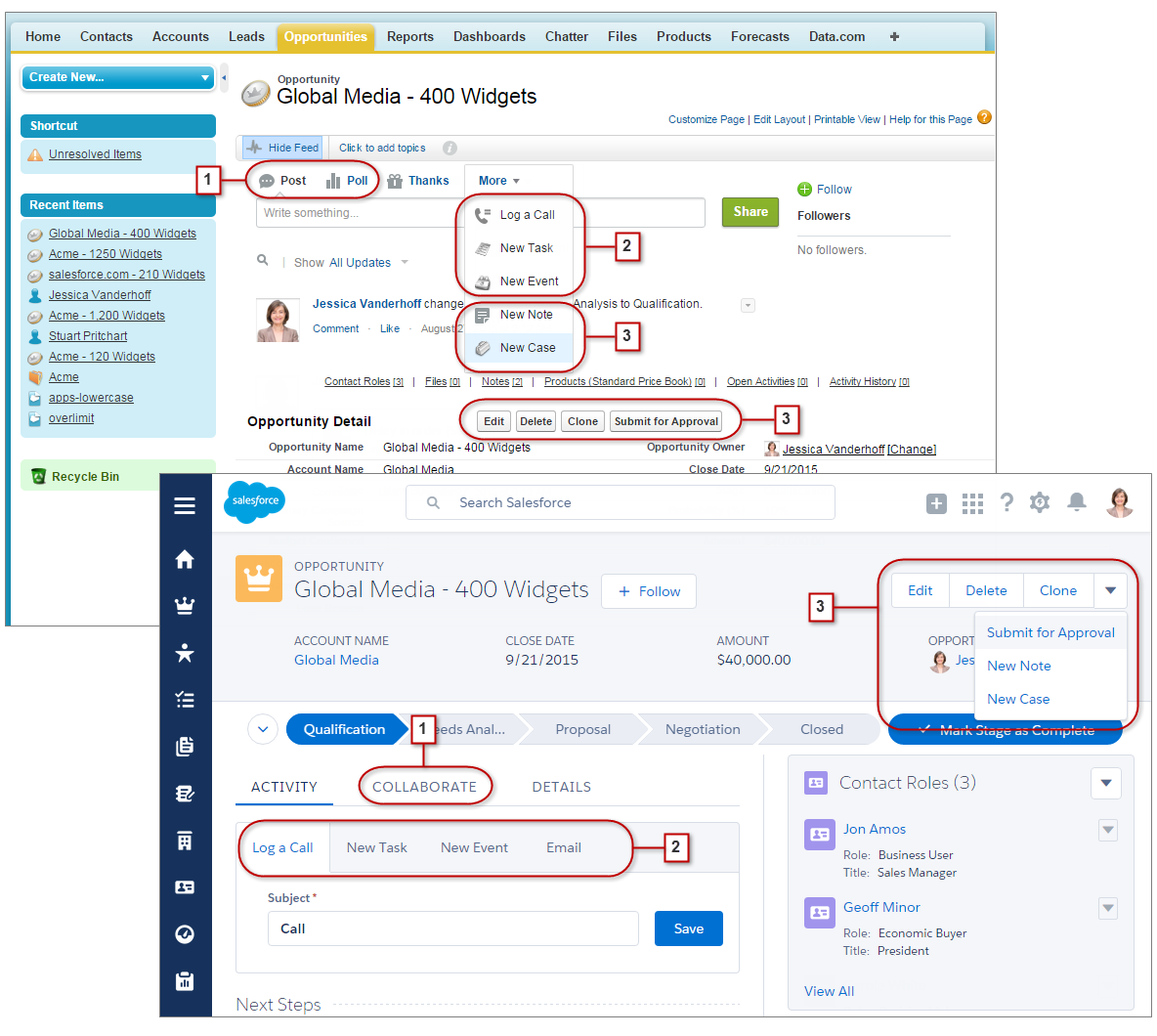 Toimintojen ja painikkeiden löytäminen Lightning Experiencessa Chatter-vakiotoiminnot Viesti ja Kysely (1) näytetään Lightning Experiencessa Tee yhteistyötä -välilehden kirjoituskentässä.