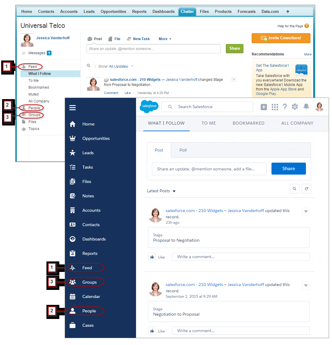 Chatter-ominaisuuksien löytäminen Lightning Experiencessa Jos haluat työstää raportteja yhdessä (4), avaa Tee yhteistyötä -välilehti Lightning Experiencessa.