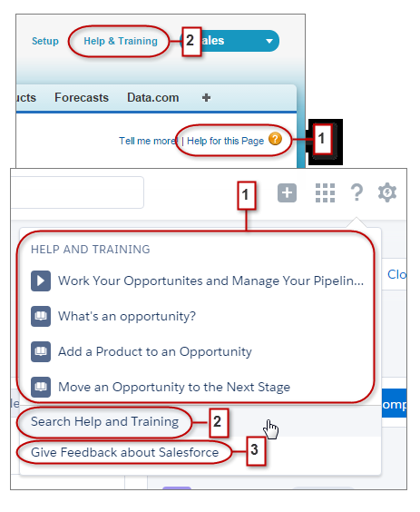 Ohjeen löytäminen Lightning Experiencessa Salesforce Classicissa useimmilla sivuilla ja viiteluetteloissa on linkki yhteen asiayhteydestä riippuvaan ohjeen aiheeseen.
