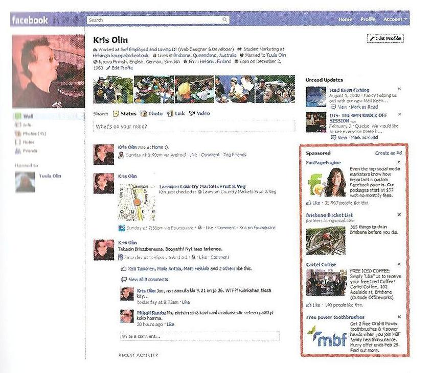 18 oikeassa reunassa, kuten alla olevasta Kuvasta 1 näkyy. KUVA 1. Facebook-mainokset (Olin 2011, 15) Mainokset ovat joko klikattavia tai staattisia riippuen kampanjasta.
