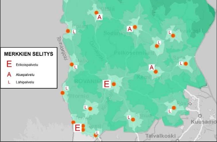 minuutin etäisyyksillä. E taso sisältää myös A ja L tasojen palveluvalikon. A taso sisältää myös L tason palveluvalikon.