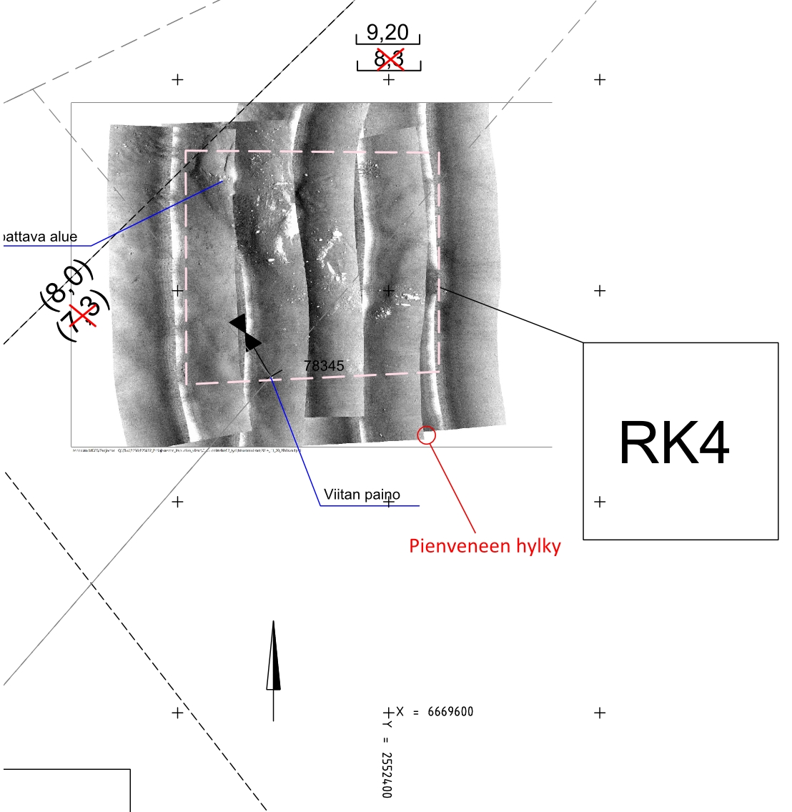 Kartta 3. Ote viistokaikukuvamosaiikista Itäisen Pihlajasaaren itäpuolelta. Pienveneen sijainti n.