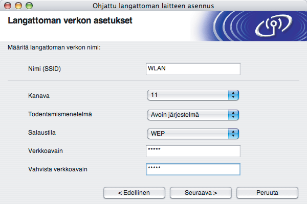 Langattoman verkon asetukset (Macintosh ) Jos haluat määrittää useamman kuin yhden WEP-avaimen, osoita Lisäasetukset. Jos et tiedä verkon todentamis- ja salausasetuksia, ota yhteys verkonvalvojaan.