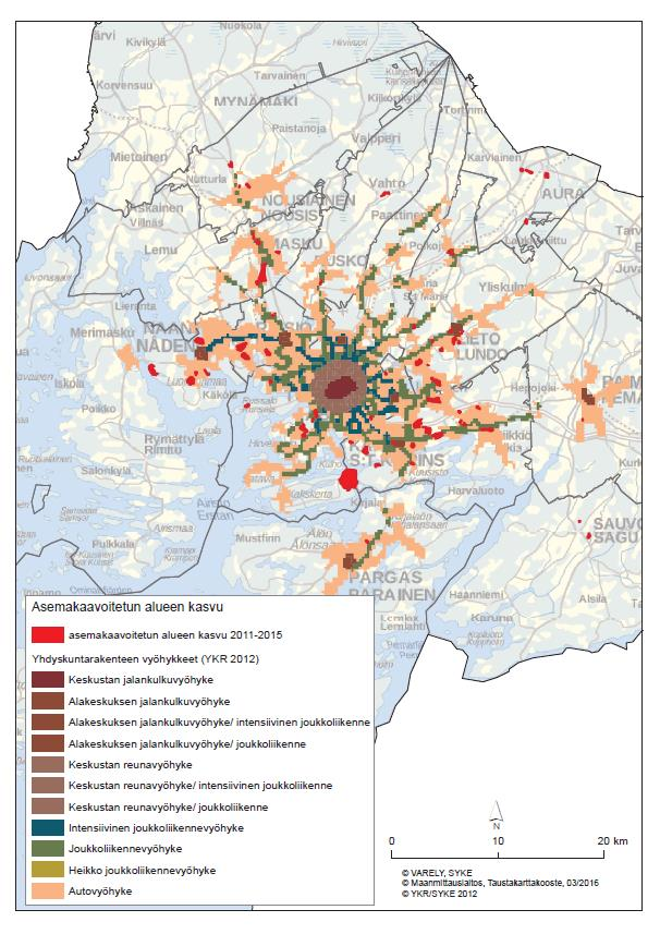 Kuva 5: Asemakaavoitetun alueen kasvu vuosina 2011 2015.