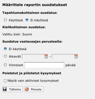 Valitse Näytä vain ak#iviset kysymykset, jos kyselyssäsi on piiloteuuja kysymyksiä, joiden et halua häiritsevän raporya.