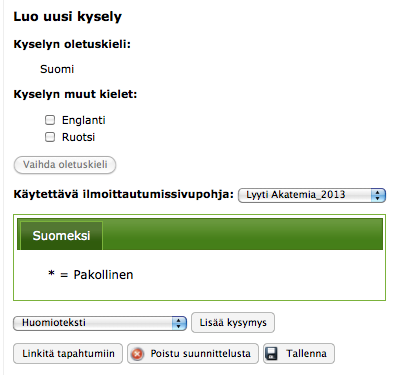 Klikkaa lopuksi Luo uusi kysely. Valitse kyselyn oletuskieli. Voit myöhemmin lisätä muita kieliä. Anna kyselylle nimi.