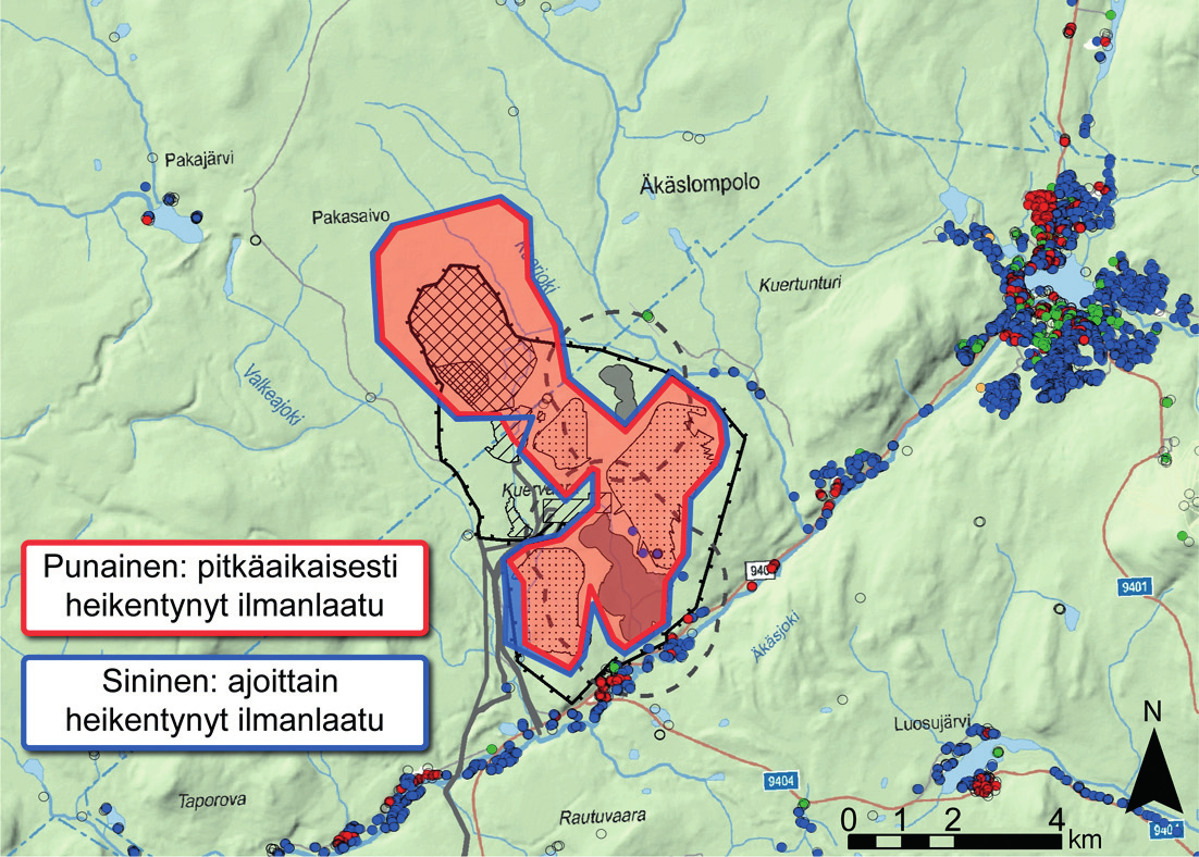 Kuva 11-4-1. Mallinnettu kaivostoiminnoista johtuva pölyn leviäminen (leijuma) hankevaihtoehdossa 1A.