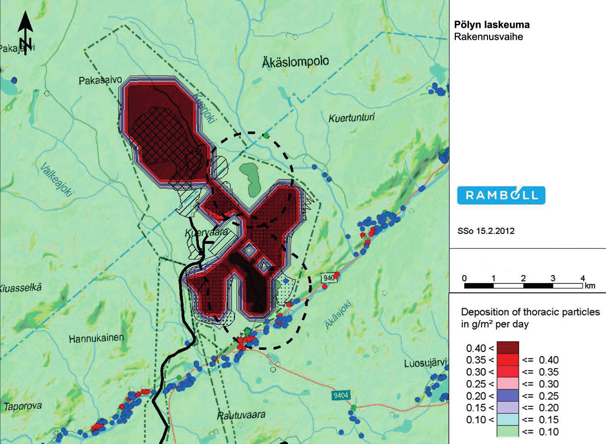 Kuva 11-4-3. Mallinnetut laskeumapitoisuudet hankkeen rakentamisvaiheessa (vaihtoehto 1A). Kuva11-4 -4.