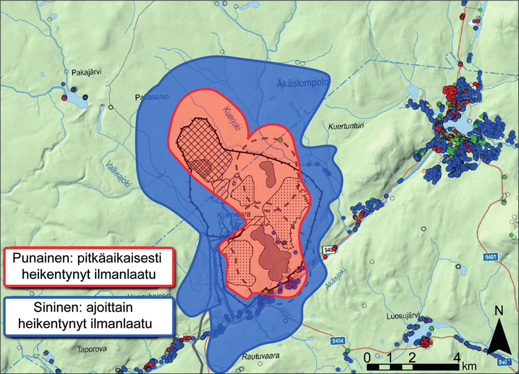 Punaisella merkitty alue kuvastaa aluetta, jossa raja-arvot ylittyvät ja altistusta pölyvaikutuksille