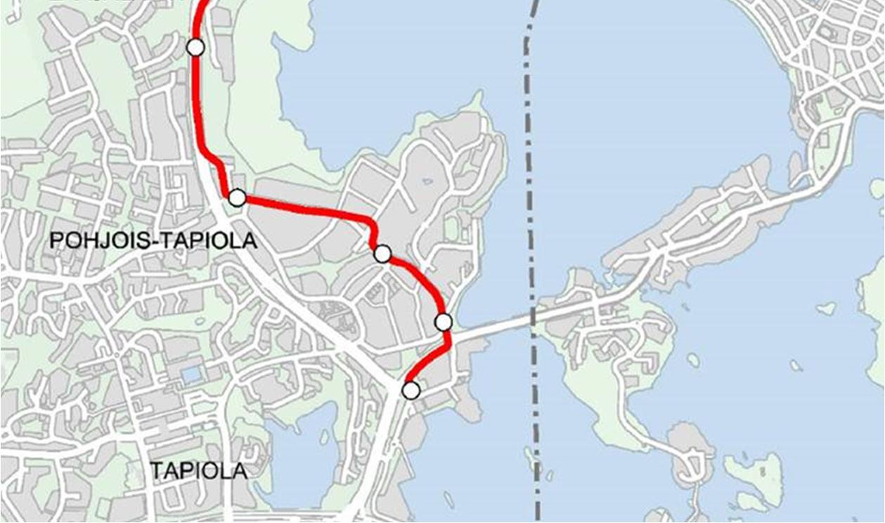 Radan pituus on noin 25 km, josta noin 9 km sijoittuu Espoon alueelle. Radalle tulee 33 pysäkkiä, josta Espoon puolella on 11.