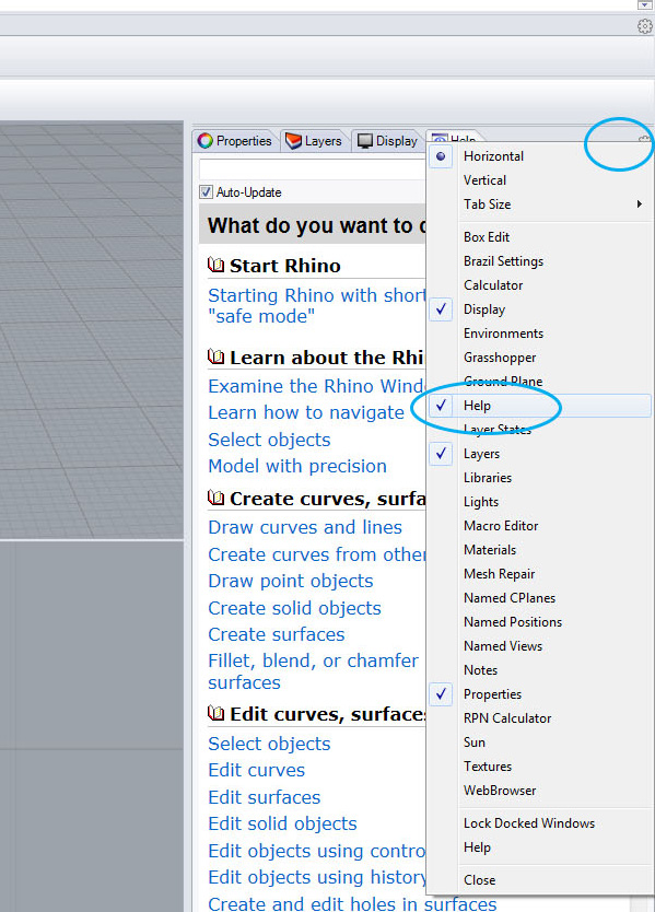 Properties Layers Display 2. Help näkyviin 3. Toolbars Tools --> Options.