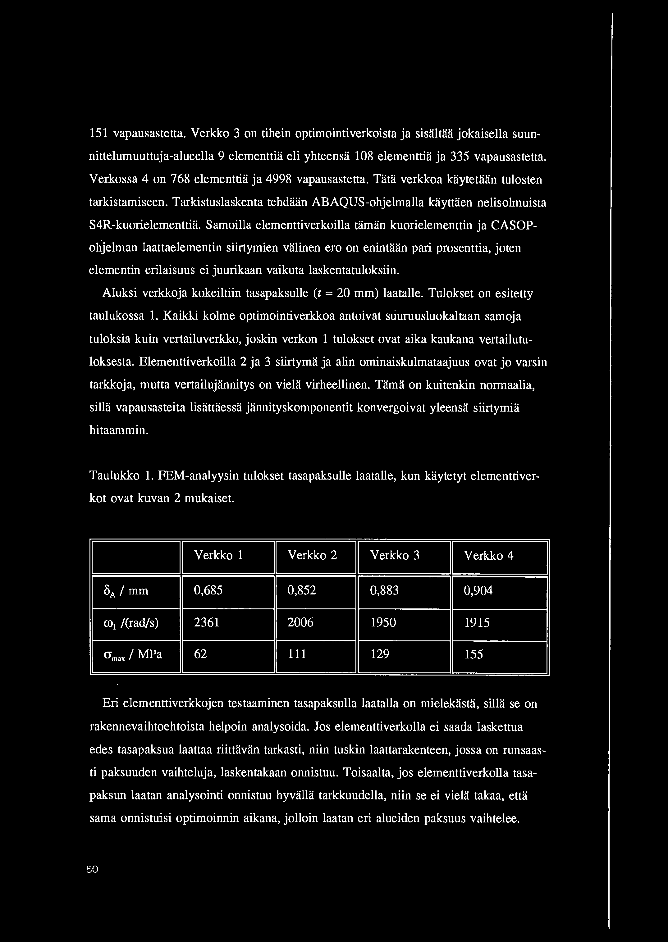 151 vapausastetta. Verkko 3 on tihein optimointiverkoista ja sisaltaa jokaisella suunnittelumuuttuja-alueella 9 elementtia eli yhteensa 108 elementtia ja 335 vapausastetta.