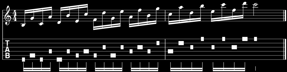 Alternate picking-harjoitus 3 Kolmas harjoitus on Govanin (2003, 19) kirjasta harjoitus numero 1.13. Harjoituksessa käytetään seksti-intervallia.