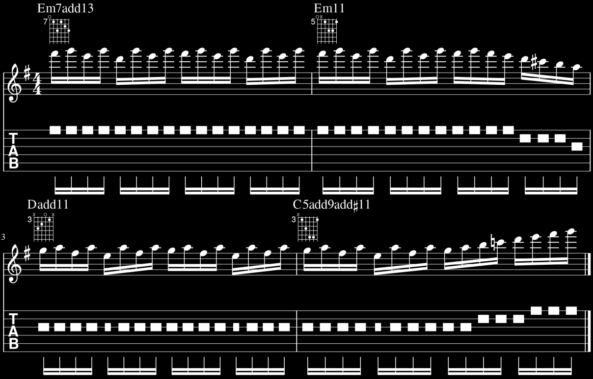 17 Kuvio 7. Alternate picking-harjoitus 5 Alt-picking-harjoitus 5 on oma harjoitukseni, ja siinä pääasiallinen harjoituksen kohde on sormikoordinaatiossa.