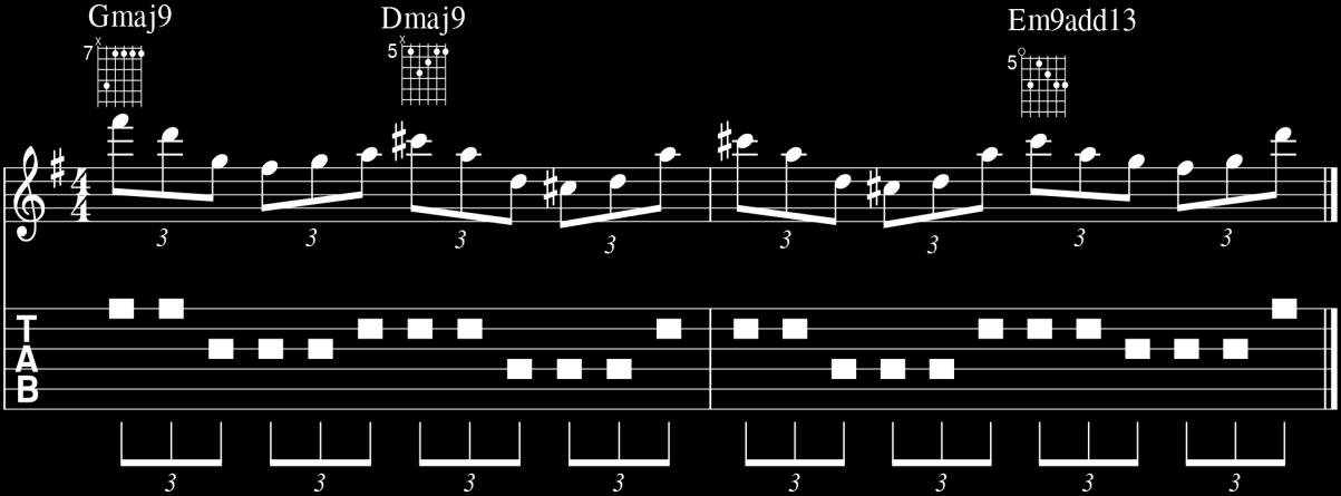18 Kuvio 8. Alternate picking-harjoitus 6 Harjoitus 6 on oma harjoitukseni. Tässä harjoitellaan string skippingiä E-doorisessa moodissa.