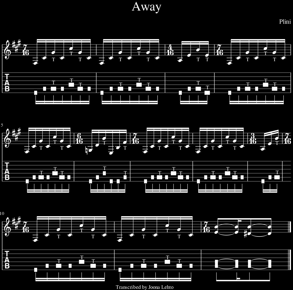 27 Kuvio 16. Away -nuottiesimerkki Toinen esimerkki on australialaisen kitaristin, Plinin, sävellyksestä Away kohta 1:08-1:16. Tämä pätkä on ensimmäinen maali kyseisestä osasta.