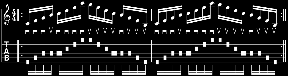 34 Toinen harjoitus on Govanin kirjan harjoitus 2.11. Se on tavallaan yhdistelmä arpeggioita sekä asteikkosoittoa, ja muistuttaa Frank Gambalen tiettyjä lickejä. (Govan 2003, 36.