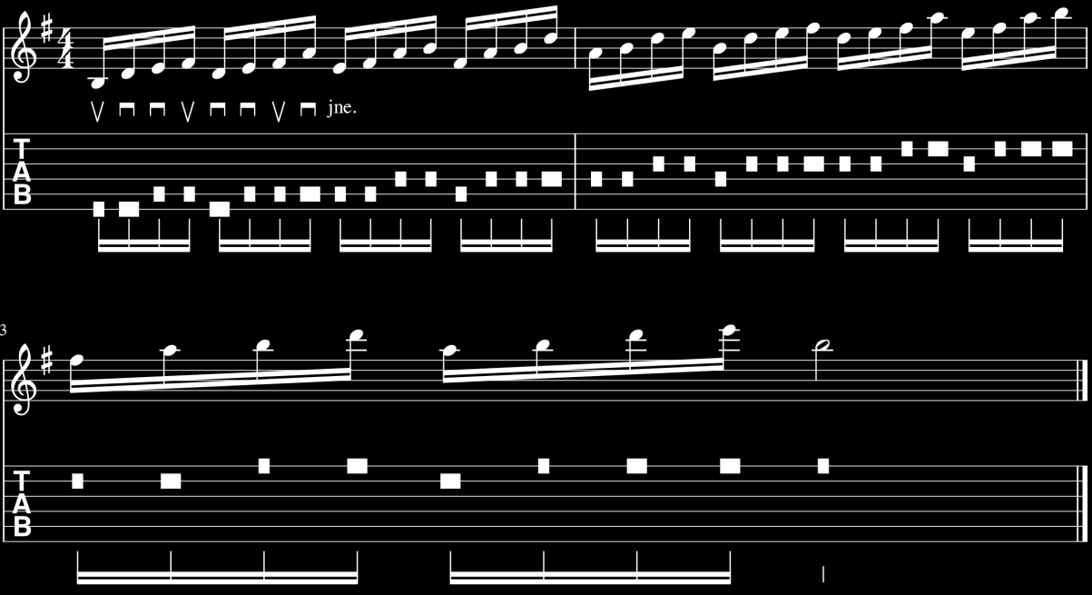 36 Kuvio 27. Economy/sweep picking-harjoitus 5 Harjoitus 5 on Troy Gradyn pentatoninen harjoitus, joka perustuu neljän sävelen ryhmiin (Grady 2015).