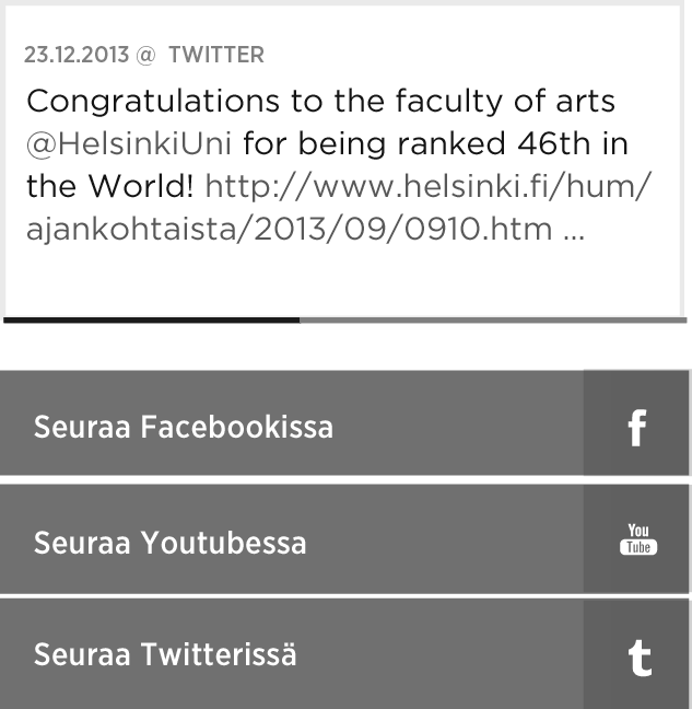 elementin tarkempi määrittely: - esimerkit sivuilla Etusivu, Ajankohtaista 23.12.2013 @ TWITTER Congratulations to the faculty of arts @HelsinkiUni for being ranked 46th in the World! http://www.