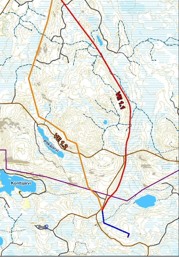 Suunniteltu voimajohtokäytävä jatkuu Fingridin kantaverkon yhteyteen metsäisten ja soistuvien alueiden läpi.