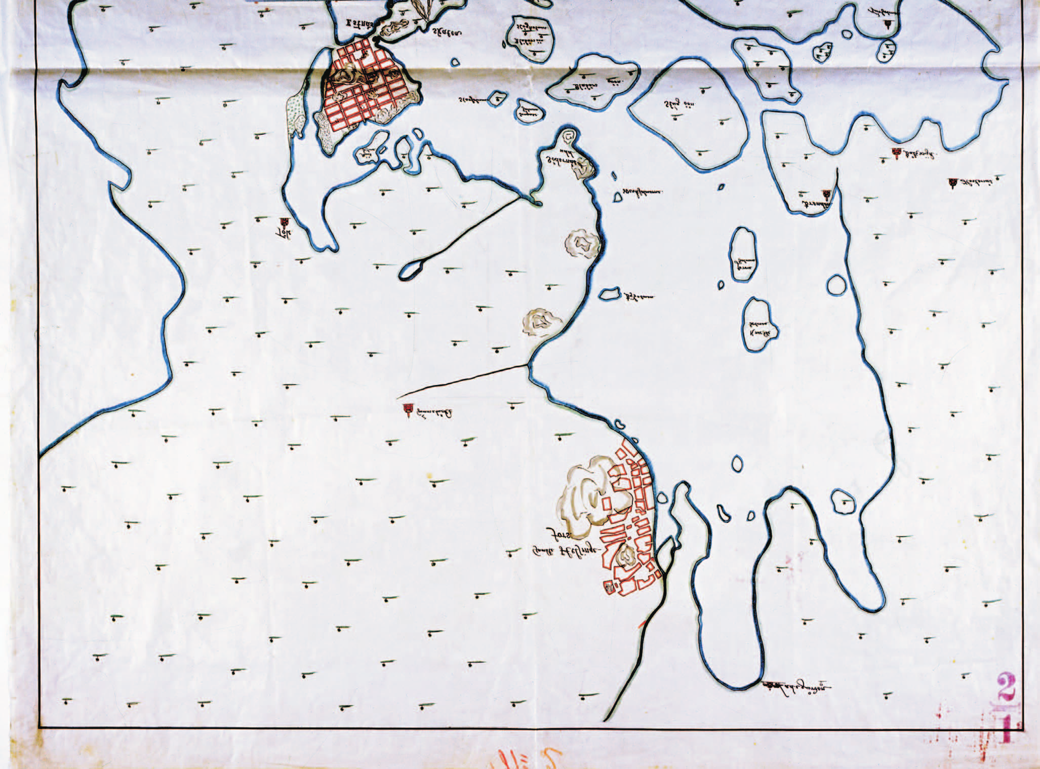 Charta öfr gambla och nya Helsingfors varande ägor. (Vanhan ja uuden Helsingin tilusten kartta) Laatija - Uppgjord av: Hans Hansson 1645 (Kiinteistövirasto, kaupunkimittausosasto.