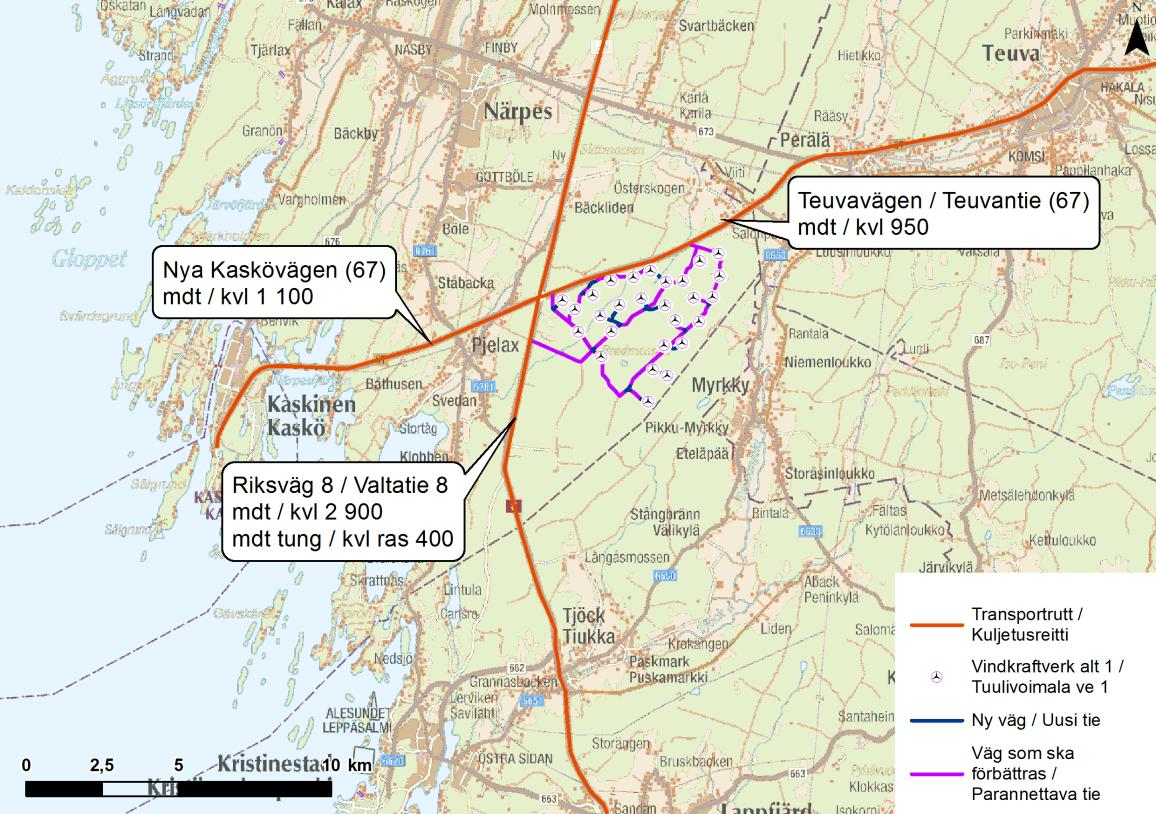 18 20) 2 Kuva 12. Pääasialliset kuljetusreitit hankealueella ovat Valtatie 8 ja Teuvantie 67.