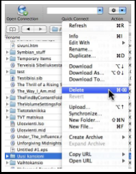 Kansion tuhoaminen palvelimelta Aktivoi haluttu kansio hiiren kakkospainikkeella ja avautuvasta ponnahdusvalikosta valitset "Delete" tai aktivoi kohde klikkaamalla