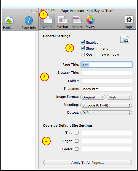 Page Info, Page Inspector eli työstettävän sivun lisäasetuksia Tässä tarkasteluikkunassa kannattaa ainakin katsella sivun yleisiä asetuksia (1. General Settings).