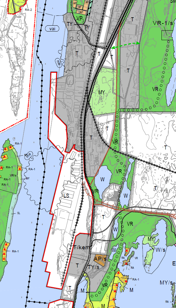 Kaava-alueen kaakkoisosa sekä suurin osa kaava-alueen pohjoisosasta on osoitettu teollisuus- ja varastoalueeksi (T).