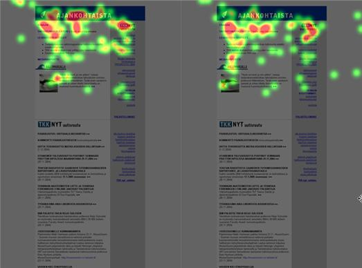 5.3.1 Ensimmäinen tehtävä 2 4 sekuntia Aivan välittömästi sivun avauduttua (ensimmäiset 2 sekuntia) kokeneiden arvioijien katse selvästi ohjautui visuaalisesti voimakkaan yläpalkin alapuolelle.