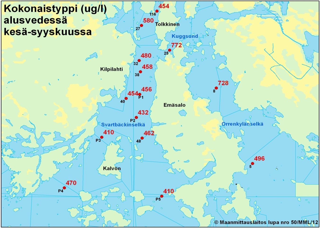 Kuva 20. Pintaveden keskimääräinen (n=5/näyteasema) a-klorofyllipitoisuus (µg/l) Porvoon edustan merialueen tarkkailupisteillä kesä-syyskuussa 2011. Kuva 21.