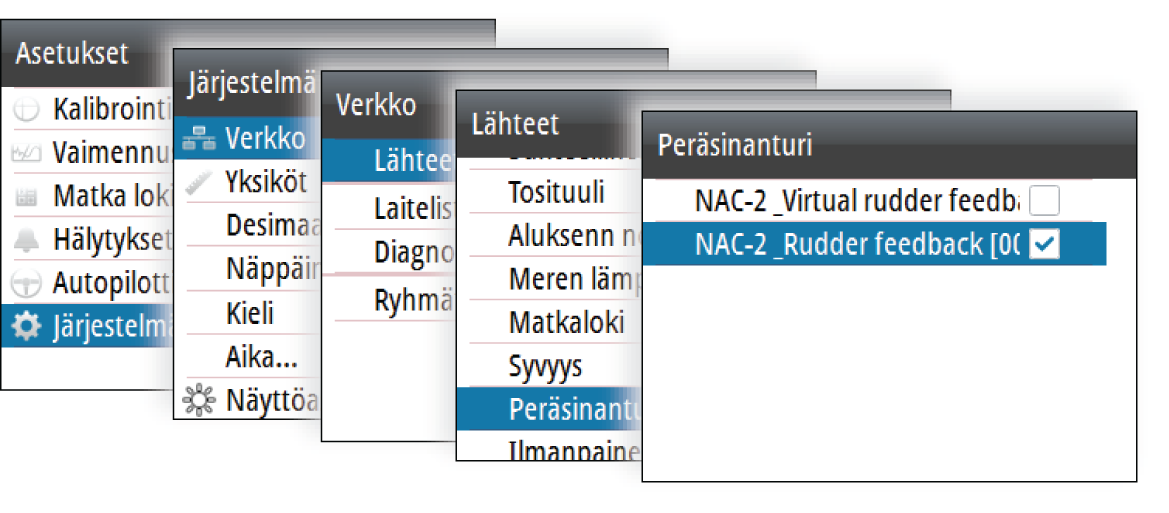 Peräsinlähteen valinta, AP44 Ú Huomautus: Peräsimen virtuaalianturia (VRF) tulee käyttää vain, jos peräsinanturia ei ole käytettävissä. Anturiyksikön asentaminen parantaa autopilotin suoritusta.