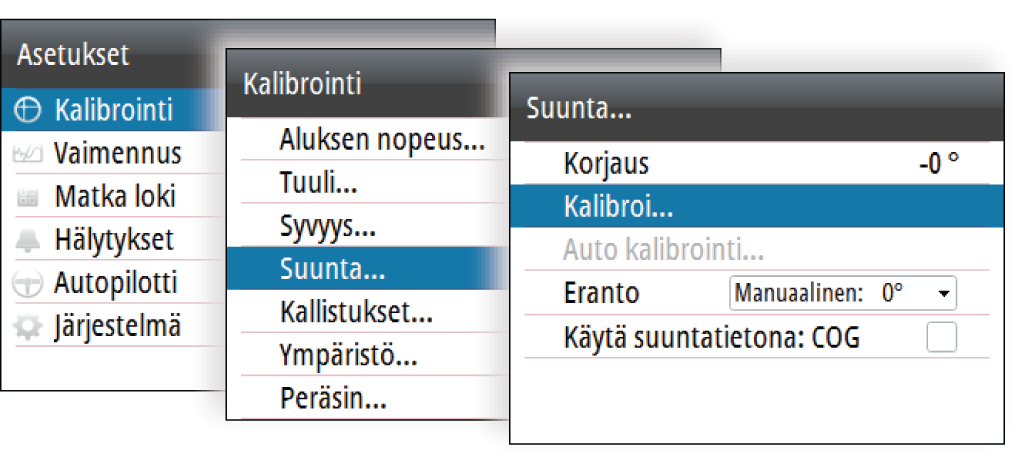 Kompassin asetukset Parhaan suorituskyvyn varmistamiseksi kompassin tulee olla kalibroitu ja mahdolliset poikkeamat kompensoitu.