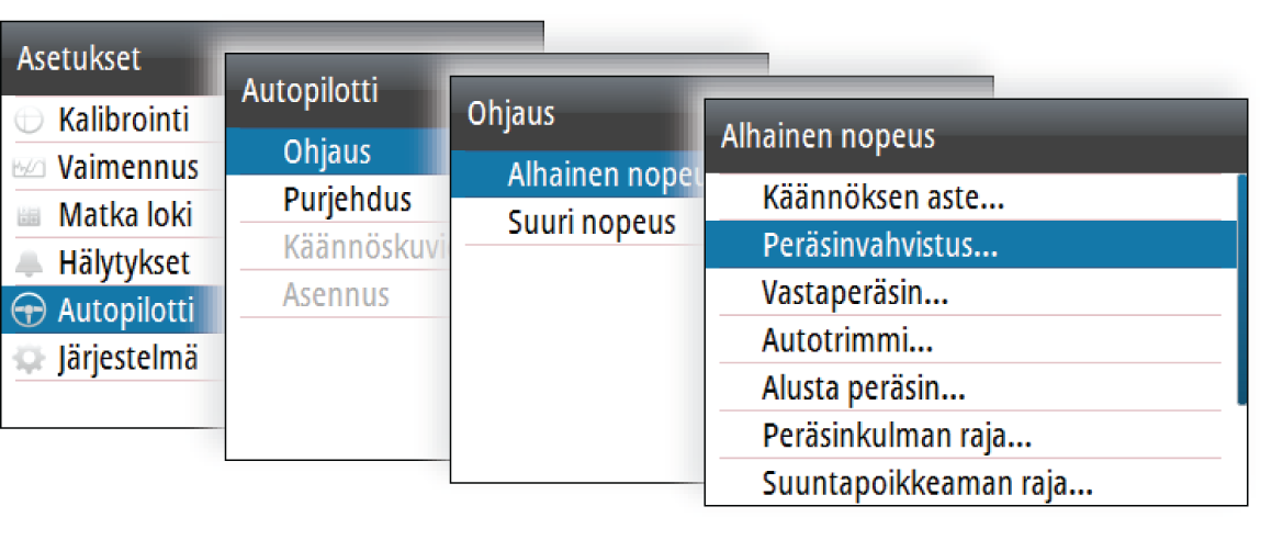 Säätöparametrit, AP44 Peräsinvahvistus Tällä parametrilla asetetaan määritetyn peräsimen ja ohjaussuuntavirheen välinen suhde.