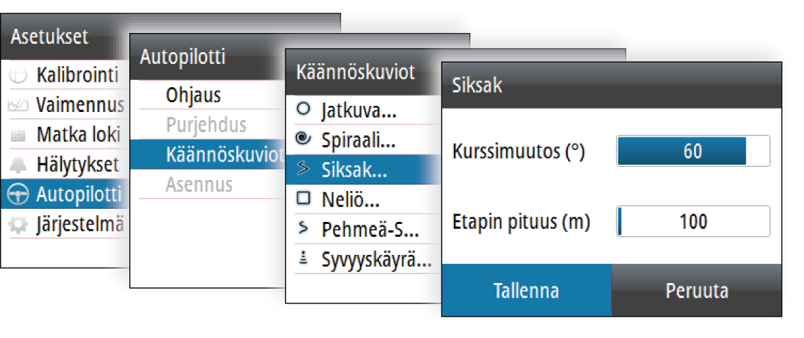 käännöskuvio-ohjausta. Katso lisätietoja käytössäsi olevan autopilotin ohjaintaulusta. C-käännös (jatkuva käännös) Ohjaa alusta ympyrällä.