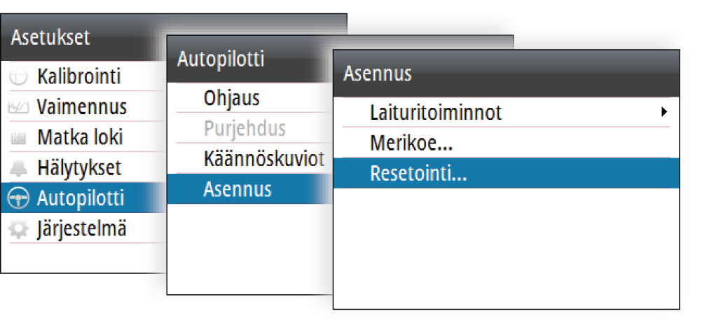Autopilottitietokoneen resetointi, AP44 Kun autopilottitietokone käynnistetään ensimmäistä kertaa nollauksen jälkeen, se käy läpi automaattisen asetusmenettelyn.