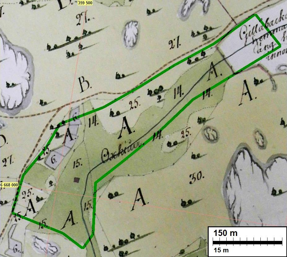 7 Ote isojakokartasta vuodelta 1791 (B21a:19/1-2 Tolsa/Tolls). Tutkimusalue on rajattu vihreällä. Kartalla alue on niittyä, luoteisosassa on pieniä Tolsin taloon kuuluvia peltolohkoja.