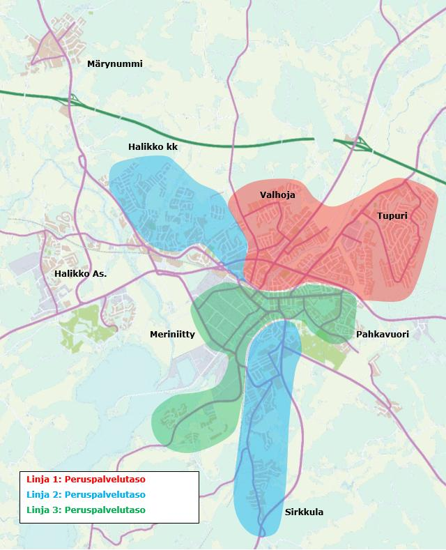 11 Kuva 5: Paikallisliikenteen liikennöintialueet Linja 1 Linja 2 Linja 3 Liikennöintialueet Valhoja Ollikkala Tupuri Mahlakankare Halikko kk Isohärjänmäki Rappula Ylhäinen Sirkkula Viitannummi