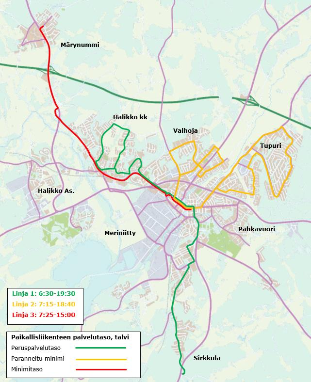 6 Paikallisliikenne Paikallisliikenteessä linja 1 vastaa tällä hetkellä peruspavelutasoa, linja 2 paranneltua