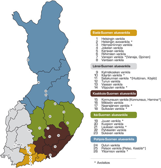 9 3.2 Aluevankilat ja sijoittajayksiköt Vankeusrangaistuksen kokonaisuudistuksen myötä Suomeen muodostettiin viisi aluevankilaa (kuva1).
