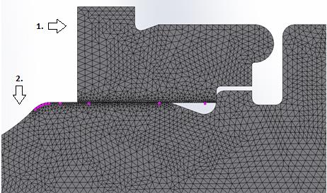 40 Kuva 19. Poikkileikkauskuva puristusliitoksessa käytetystä verkontiheydestä elastisissa ja plastisissa simuloinneissa. Akselin keskilinja kulkee kuvan alareunan kohdalta.