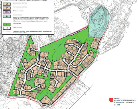Kuva 6-8. Ote Kajamon asemakaavasta (16.6.2008). Vaisten alue, Turku NCC Roads Oy:n Vaisten maa-ainestenottoalue sijaitsee Turun kaupungin Kärsämäen kylän tilalla Lentoasema, RN:o 1:179.