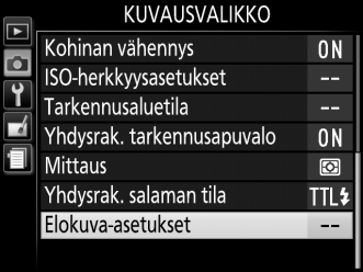 1 Valitse Elokuva-asetukset. Näytä valikot painamalla G- painiketta. Korosta kuvausvalikossa Elokuva-asetukset ja paina 2.