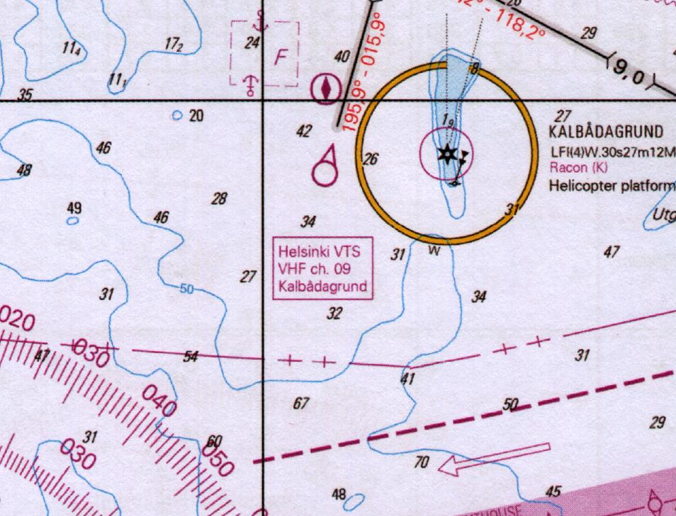 6. Merkintäpaikkasi on 59 55,0 N 025 32,0 E. Ohjaat kompassisuuntaan 330 nopeuden ollessa 6 solmua. Kello 19.20 suunnit merimajakan Kalbådagrund keulakulmassa 43 oikealla ja klo 19.