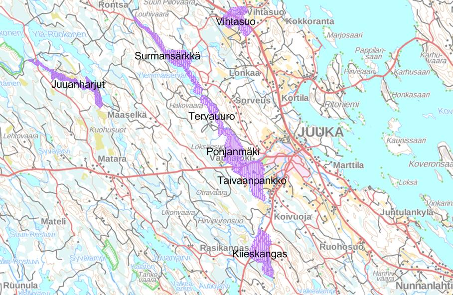 43 6.2 Käyttöönottamattomat pohjavesivarat ja lisäselvitystarpeet 6.2.1 Juuka Juuan kunnan merkittävimmät pohjavesivarat sijoittuvat keskustaajaman länsipuoleiseen pitkittäisharjujaksoon, jolla sijaitsevat mm.