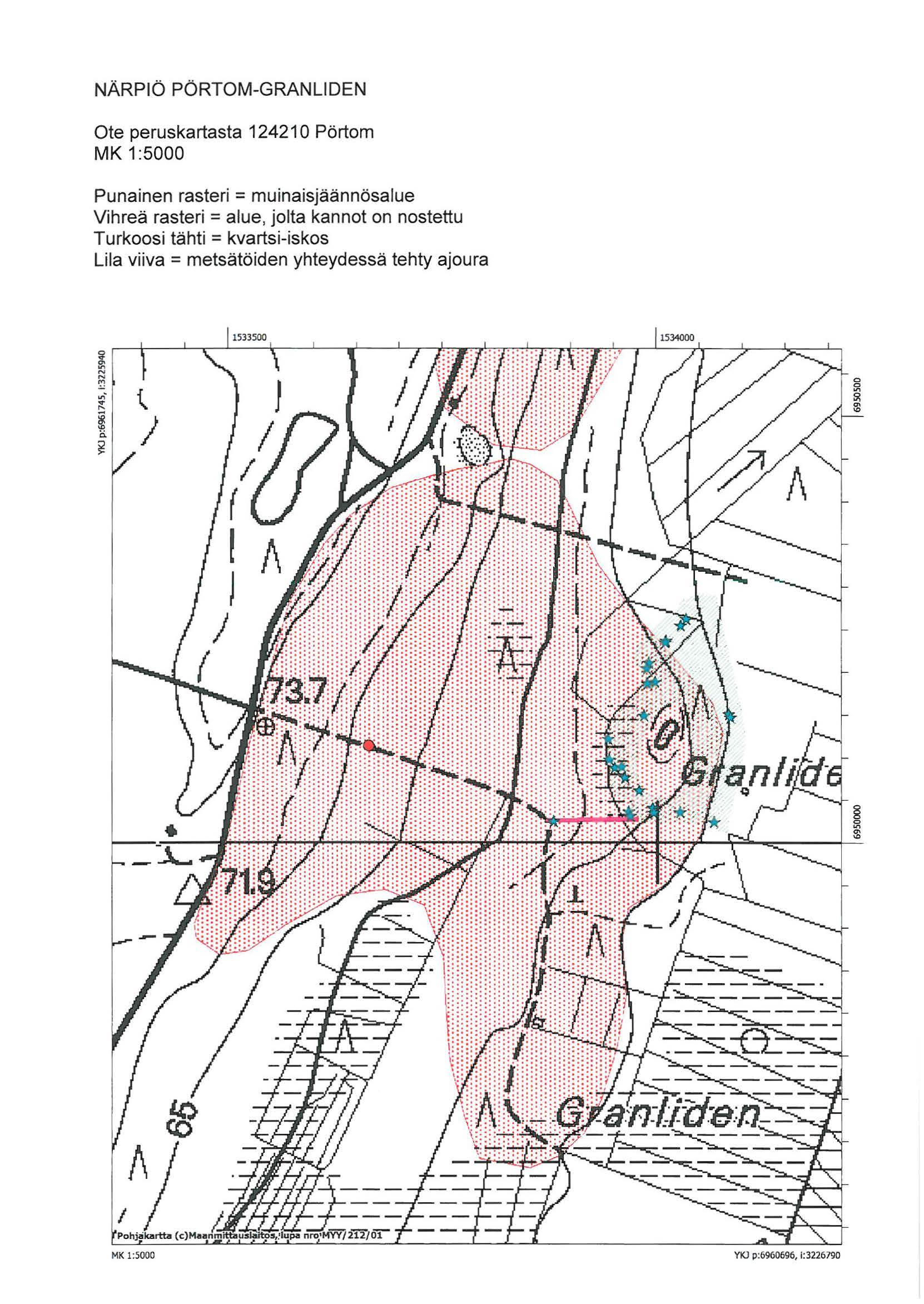 NÄRPIÖ PÖRTOM-GRANLIDEN Ote peruskartasta 124210 Pörtom MK 1:5000 Punainen rasteri = muinaisjäännösalue Vihreä rasteri = alue, jolta